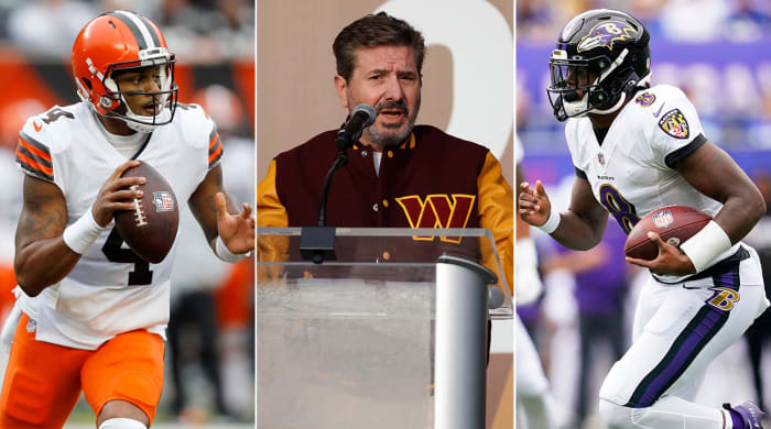 Separate photos of Deshaun Watson, Dan Snyder and Lamar Jackson